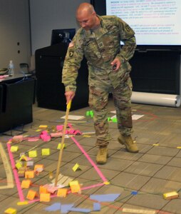 Capt. Jared Schneider, Brooke Army Medical Center operating room nurse, conducts an Individual Concept of Support briefing during the Captains Career Course, or CCC, at the Army Medical Department Center & School, Health Readiness Center of Excellence, at Joint Base San Antonio-Fort Sam Houston April 22. Students in the course undergo nine weeks of training that includes classroom and hands-on training about the Military Decision Making Process, Army Health Systems Support and Force Health Protection doctrine, unit training management, leadership skills and staff officer functions.