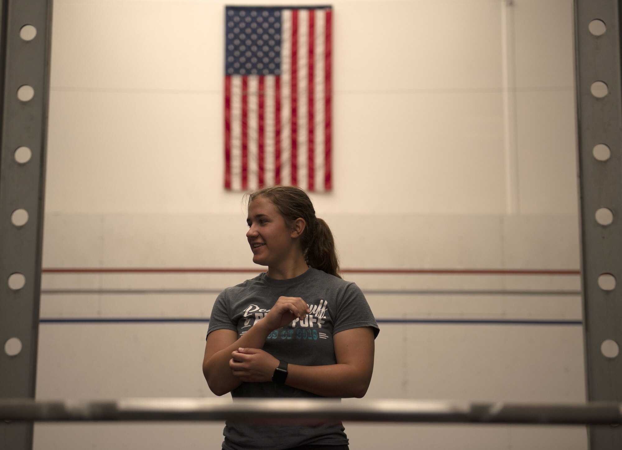 Airman Brooke Moeder, 56th Fighter Wing public affairs photojournalist, prepares to bench press during the Luke Powerlifting Competition, May 17, 2019, Luke Air Force Base, Ariz.