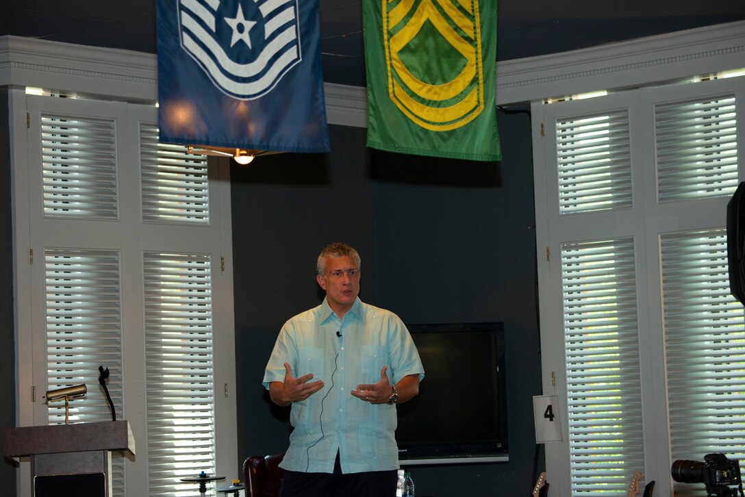 Frank Martin, University of South Carolina (USC) men’s head basketball coach discusses leadership topics with Airmen at Shaw Air Force Base, S.C., May 15, 2019.