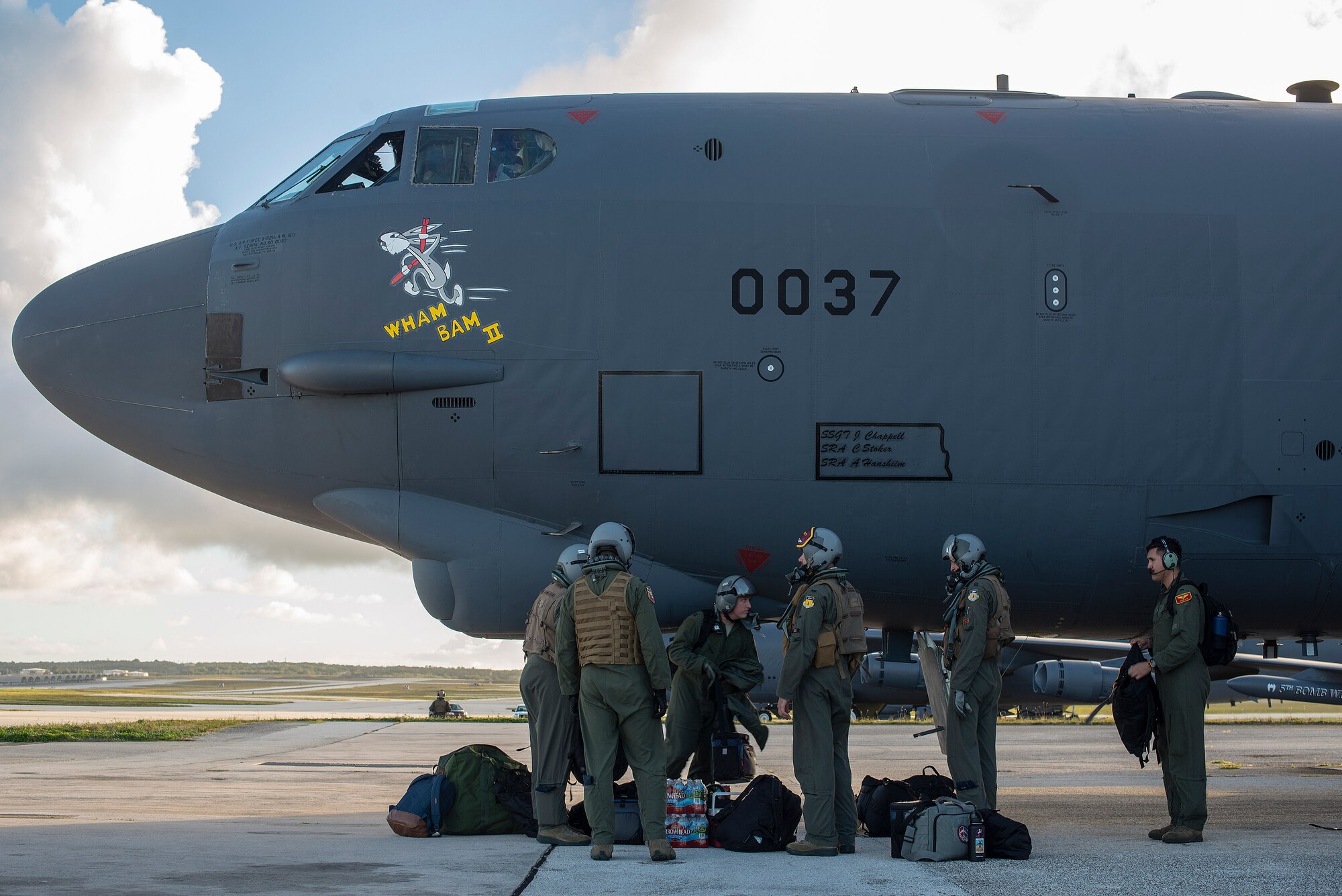 Aircrew from the 23rd Expeditionary Bomb Squadron (EBS) prepare to board a U.S. Air Force B-52H Stratofortress at Andersen Air Force Base, Guam, May 15, 2019. 23rd EBS Airmen and aircraft participated in exercise Northern Edge 2019, a joint training exercise that prepares U.S. military personnel to respond to crises in the Indo-Pacific region. (U.S. Air Force photo by Senior Airman Ryan Brooks)