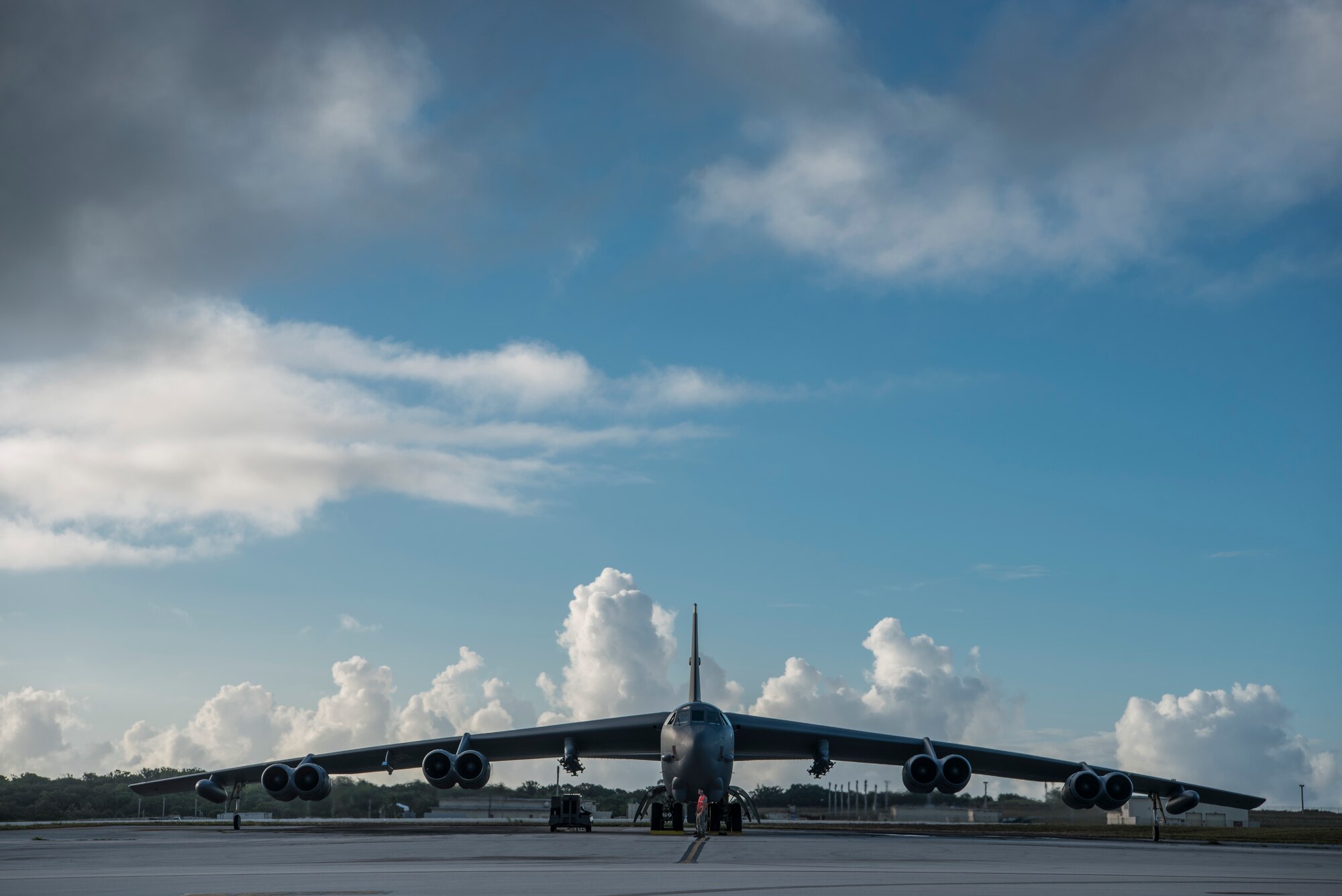 A U.S. Air Force B-52H Stratofortress, assigned to the 23rd Expeditionary Bomb Squadron (EBS), sits with engines running on the flightline at Andersen Air Force Base, Guam, May 15, 2019. 23rd EBS Airmen and aircraft participated in exercise Northern Edge 2019, a joint training exercise that prepares U.S. military personnel to respond to crises in the Indo-Pacific region. (U.S. Air Force photo by Senior Airman Ryan Brooks)