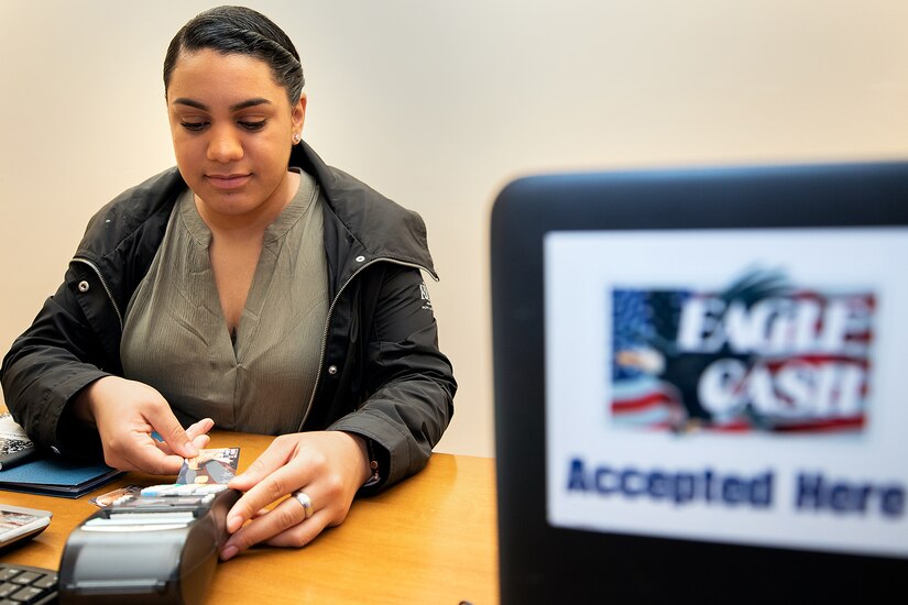 U.S. Army Spc. Irianis Cruz Torres, New York National Guard 27th Finance Management Support Unit information management officer, trains on using EagleCash during a U.S. Army Financial Management Command and Federal Reserve Bank of Boston-hosted training session at the Federal Reserve Bank of Boston May 8, 2019.