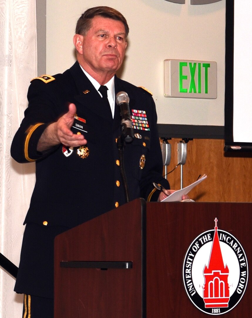 Retired Army Lt. Gen. Guy Swan III, former commanding general of U.S. Army North, speaks to future service members, their families, educators, business leaders, and the military during “A Night in Your Honor” hosted by Our Community Salutes-San Antonio held in the Rosenberg Sky Room at the University of the Incarnate Word May 15.