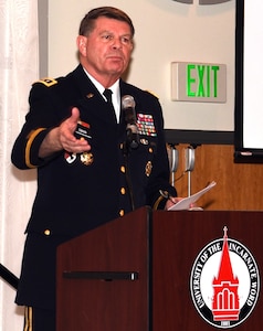 Retired Army Lt. Gen. Guy Swan III, former commanding general of U.S. Army North, speaks to future service members, their families, educators, business leaders, and the military during “A Night in Your Honor” hosted by Our Community Salutes-San Antonio held in the Rosenberg Sky Room at the University of the Incarnate Word May 15.
