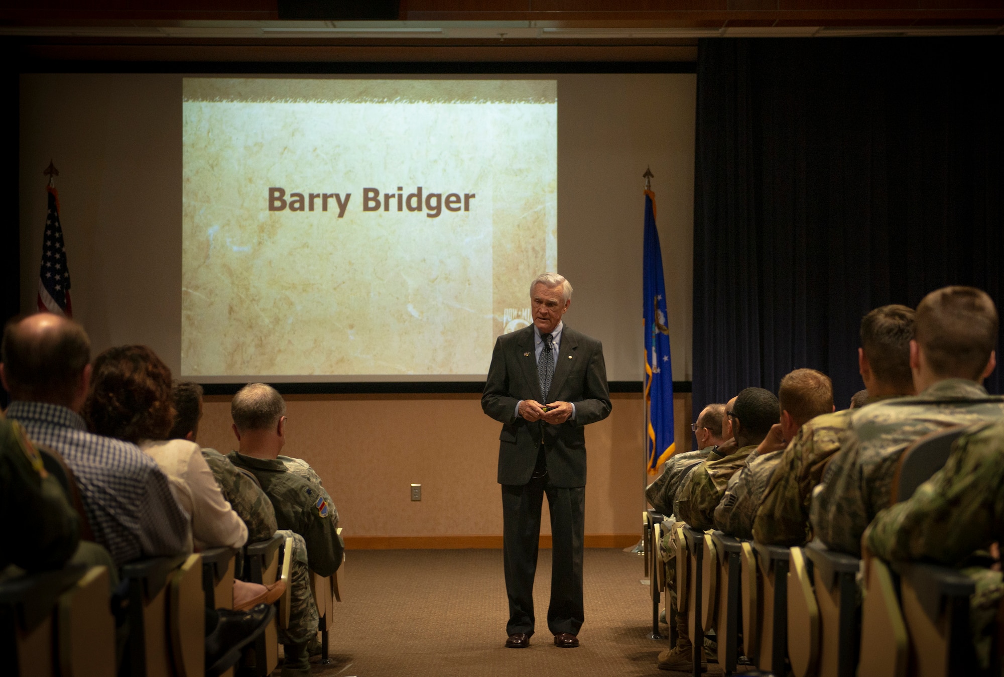 Vietnam veteran and Prisoner of War, retired Air Force Lt. Col. Barry Bridger spoke at commander’s update briefing May 16, 2019, at Offutt Air Force Base, Nebraska. Bridger was shot down Jan.23 1967, only to be captured and imprisoned at Hoa Loa Prision. He was presumed missing in action until 1970, when Vietnamese government finally acknowledged that he was a prisoner of war.