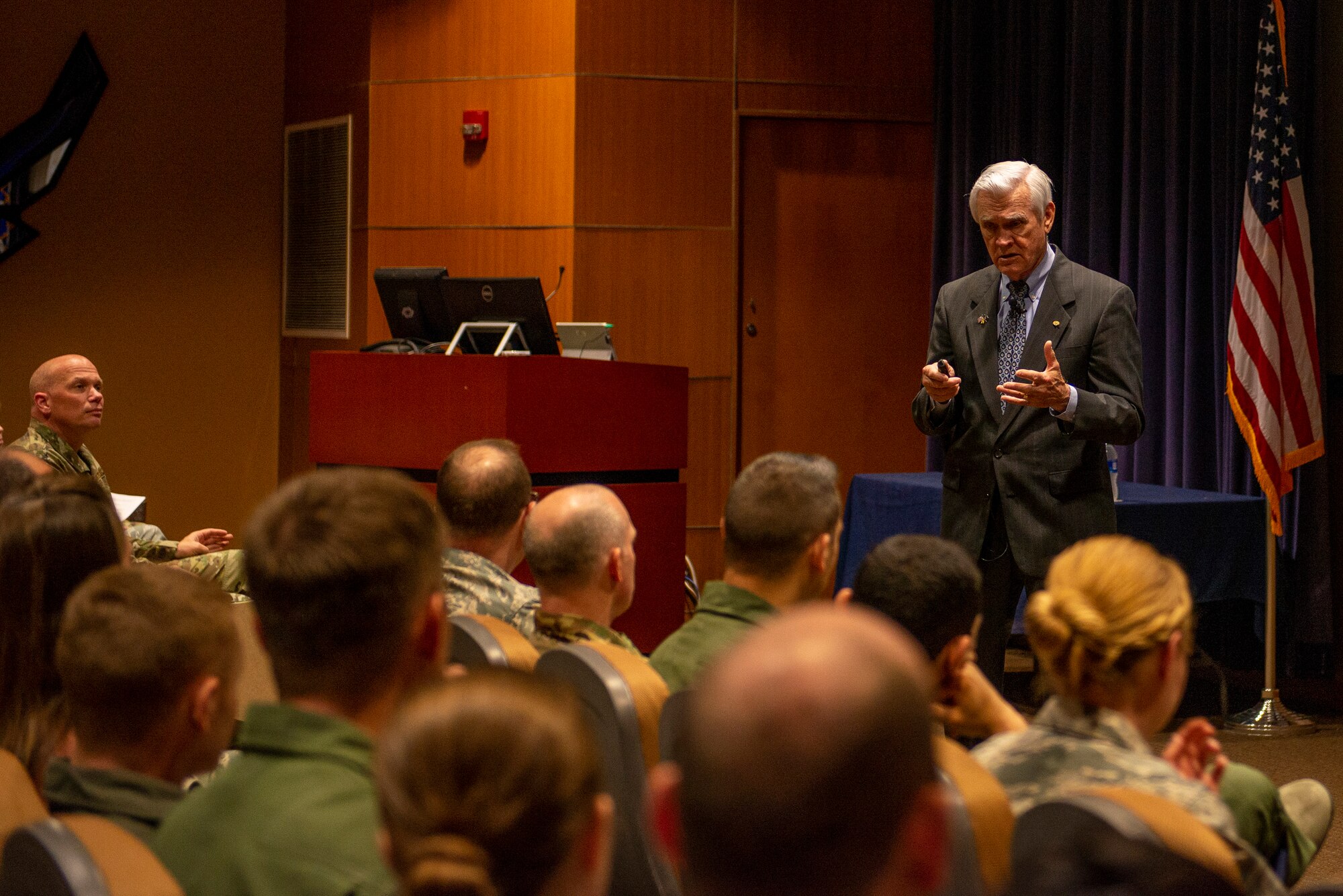 Vietnam Prisoner of War, retired Air Force Lt. Col. Barry Bridger spoke to Team Offutt during the commander’s update briefing May 16, 2019, at Offutt Air Force Base, Nebraska. After spending 2,232 days in captivity in the Hoa Loa  prisoner camp, Bridger was released during Operation Homecoming March 4, 1973.