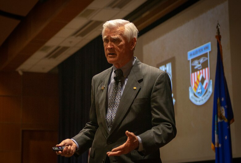 U.S. Air Force retired Lt. Col. Barry Bridger spoke to Team Offutt during commander’s update briefing May 16, 2019, at Offutt Air Force Base, Nebraska. Bridger was shot down Jan. 23, 1967, by a surface-to-air missile over Son Tay, North Vietnam, only to be captured later by the North Vietnamese and imprisoned at Hoa Loa Prison.