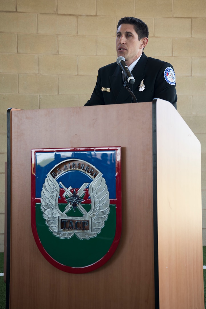 Tech. Sgt. Tyler Moran, 70th Flying Training Squadron enlisted parachute instructor, provided remarks about Senior Airman Bradley Smith during a dedication ceremony in Smith’s honor April 19 at Joint Base San Antonio-Lackland Medina Annex, Texas.