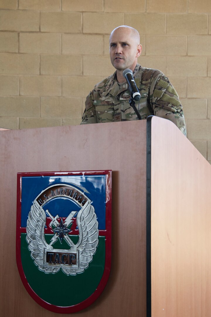 Col. Parks Hughes, Special Warfare Training Wing commander, provides opening remarks during a dedication ceremony April 19 at Joint Base San Antonio-Lackland Medina Annex, Texas.