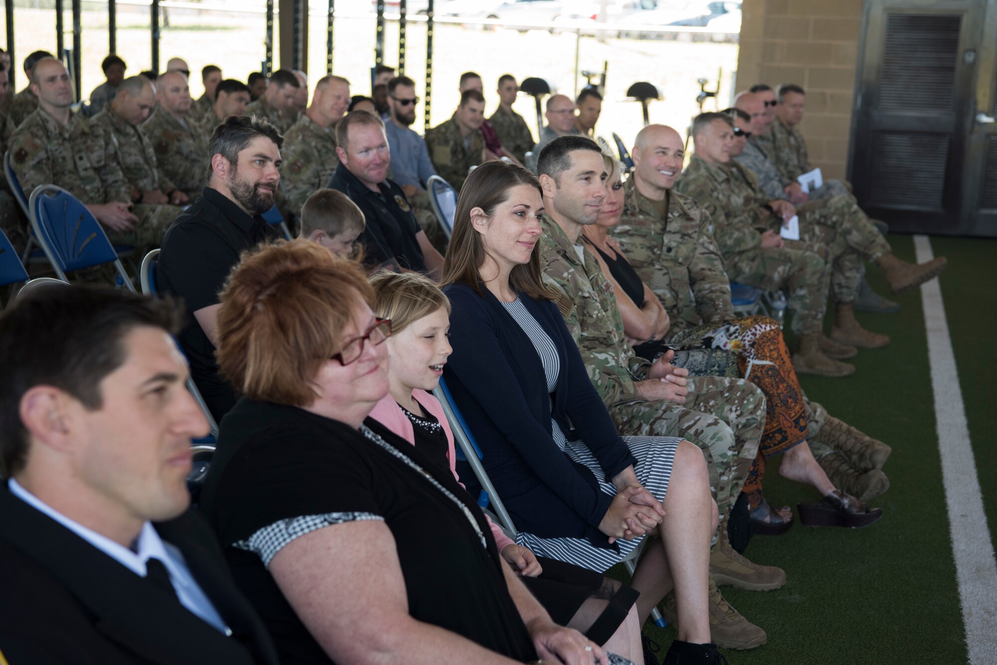 Family and friends of Senior Airman Bradley Smith, a Silver Star recipient, along with Special Tactic Airmen, both current and those still in training, attend a dedication ceremony in his honor April 19 at Joint Base San Antonio-Lackland Medina Annex, Texas.