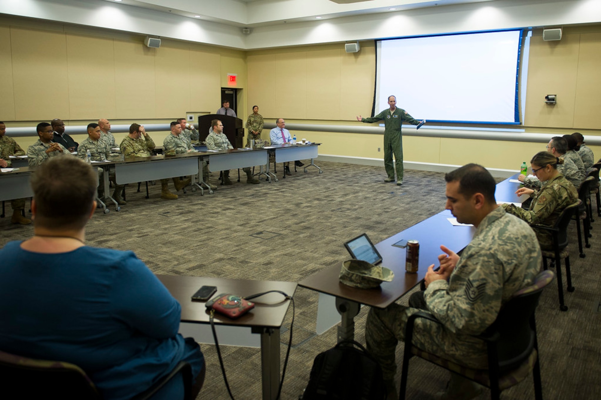 Col. Kevin M. Eastland, Air Force District of Washington vice commander, gives opening remarks during the first WHYTANK speakers series event at Joint Base Andrews, Md., May 17, 2019. The goal of the WHYTANK speaker series is to engage our noncommissioned officers who influence Airmen and can potentially influence leadership. (U.S. Air Force photo by Master Sgt. Michael B. Keller)