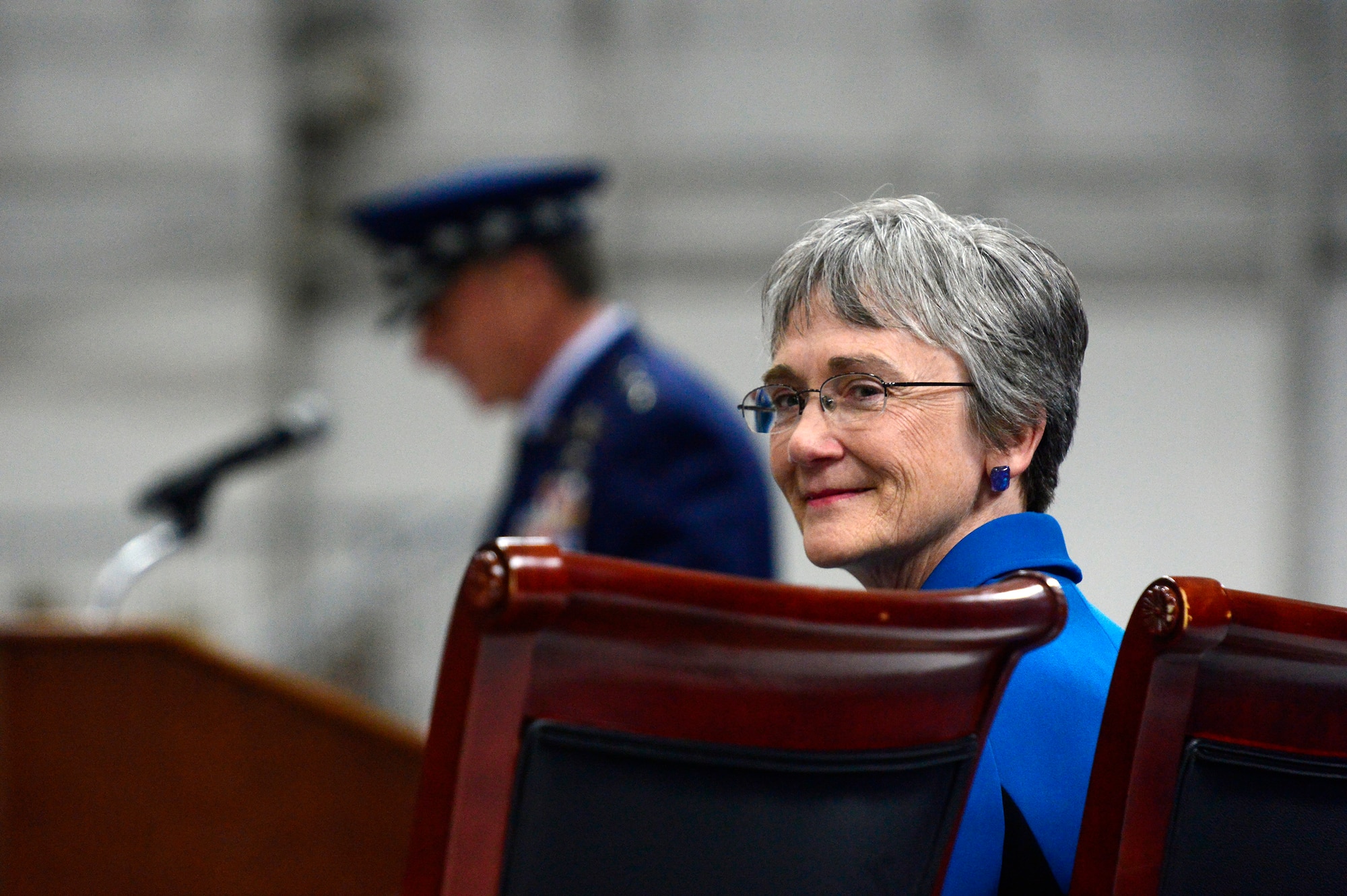 Secretary of the Air Force Heather Wilson listens as Air Force Chief of Staff Gen. David L. Goldfein gives his remarks during her farewell ceremony at Joint Base Andrews, Md., May, 21,2019.  (U.S. Air Force photo by Staff Sgt. Rusty Frank)