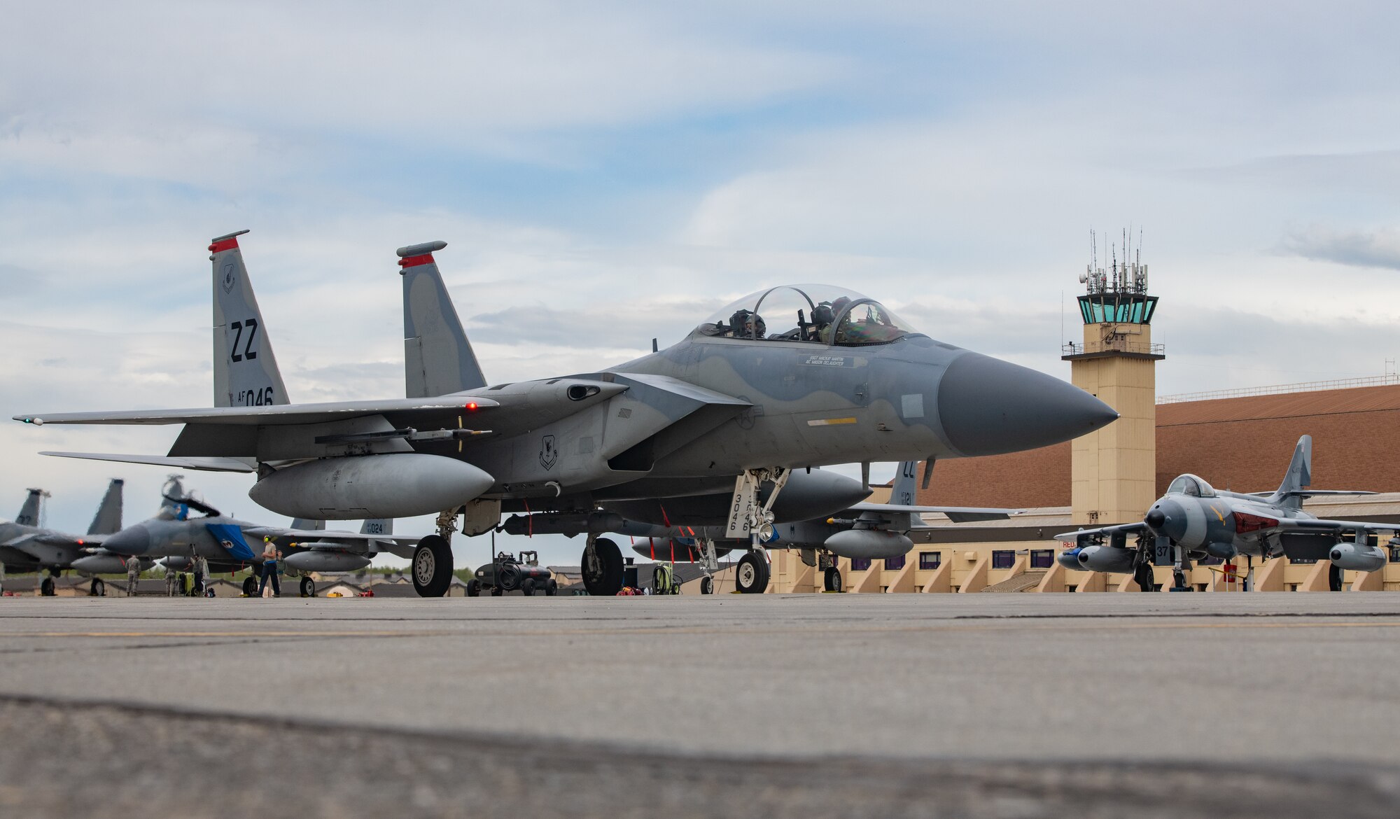 A U.S. Air Force F-15C Eagle assigned to the 44th Fighter Squadron, Kadena Air Base, Japan, taxis toward the runway during exercise Northern Edge May 14, 2019, at Eielson Air Force Base, Alaska.