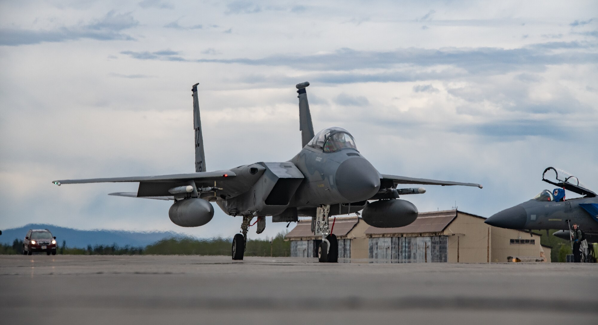 A U.S. Air Force F-15C Eagle assigned to the 44th Fighter Squadron, Kadena Air Base, Japan, taxis toward the runway during exercise Northern Edge May 14, 2019, at Eielson Air Force Base, Alaska.