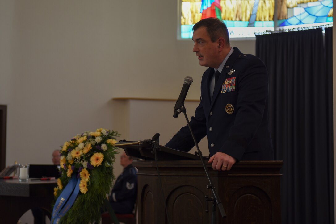U.S. Air Force Brig. Gen. Mark R. August, 86th Airlift Wing commander, gives remarks during the annual Kindergraves memorial service at the Kaiserslautern Main Cemetery, Kaiserslautern, Germany, May 19, 2019. August spoke on the strength of the German-American relationship, and the importance of honoring the memory of the children. (U.S. Air Force photo by Airman 1st Class Kaylea Berry)