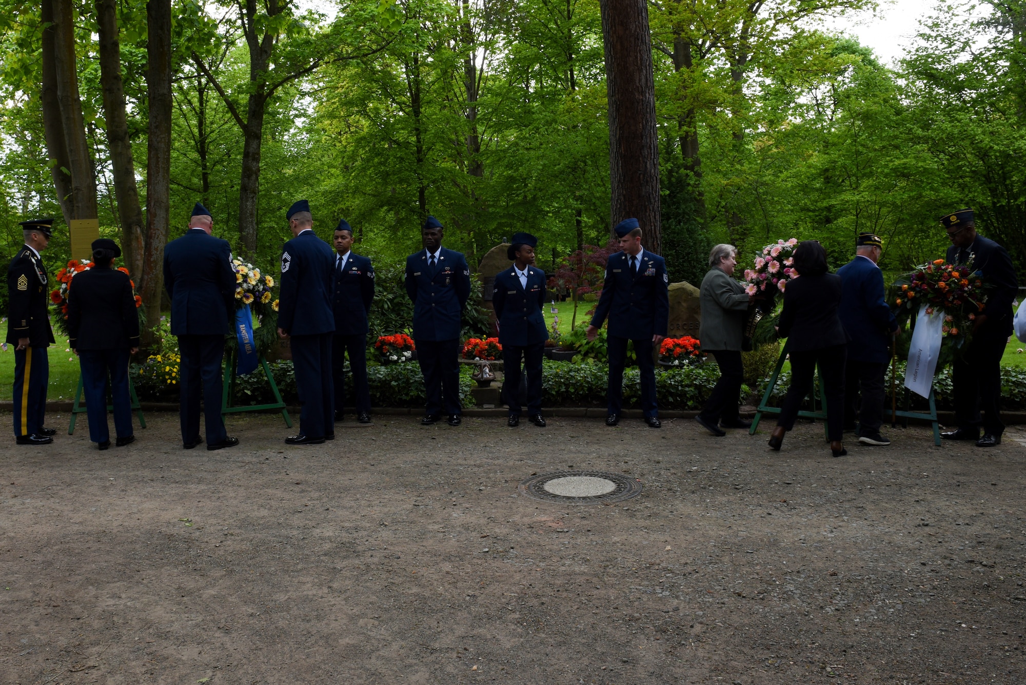 Members from the German-American and International Women’s Club, Ramstein Area Chief’s Group, American Legion, and the Sergeant Major Association lay the wreaths at the Kaiserslautern Main Cemetery, Kaiserslautern, Germany, May 19, 2019. The Kindergraves are maintained by donations and volunteers from the local community. (U.S. Air Force photo by Airman 1st Class Kaylea Berry)