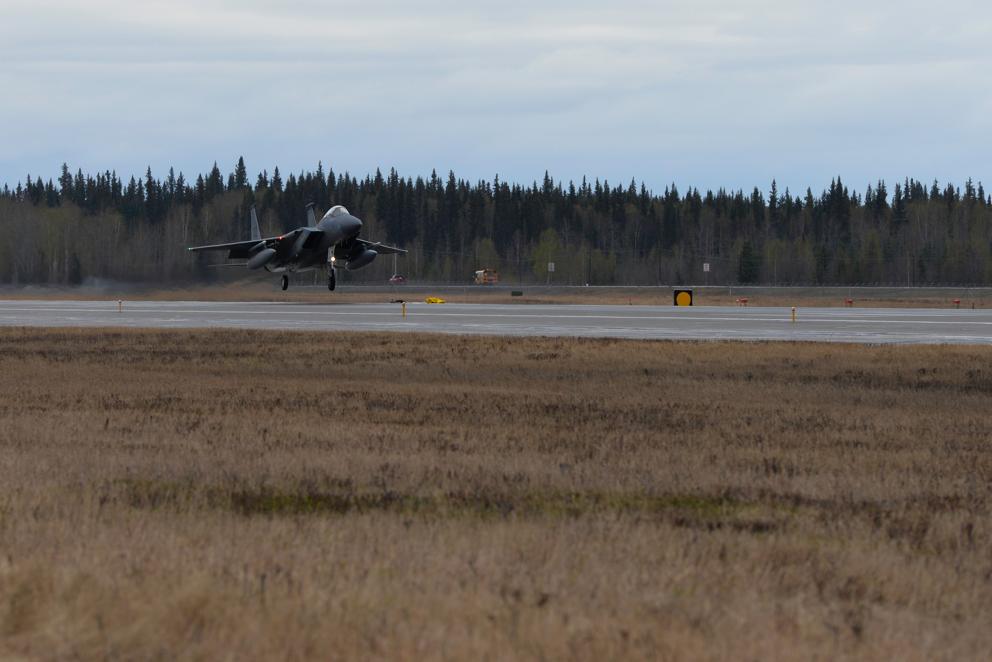 A U.S. Air Force F-15 Eagle assigned to the 44th Fighter Squadron out of Kadena Air Base, Japan, lands in preparation for Northern Edge (NE19) May 8, 2019, at Eielson Air Force Base, Alaska.