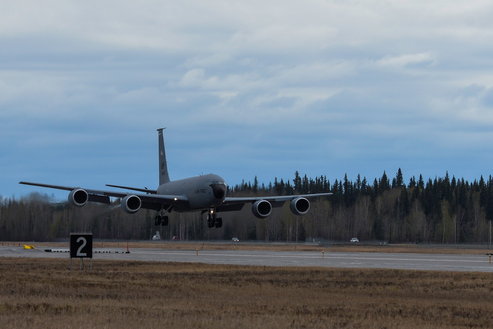 An Alaska Air National Guard KC-135 Stratotanker assigned to the 168th Wing lands May 8, 2019, at Eielson Air Force Base, Alaska.