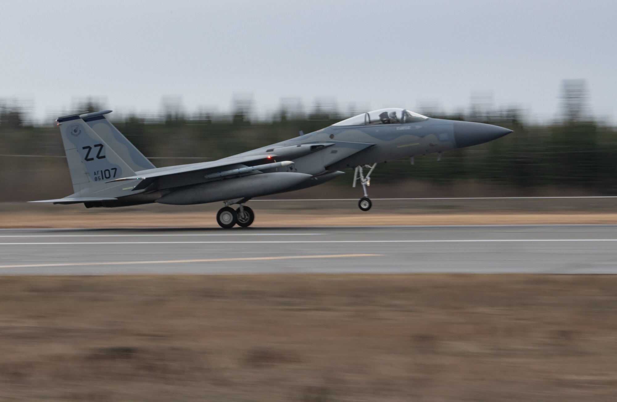 A U.S. Air Force F-15 Eagle assigned to the 44th Fighter Squadron from Kadena Air Base, Japan, lands in preparation for Northern Edge May 8, 2019, at Eielson Air Force Base, Alaska.