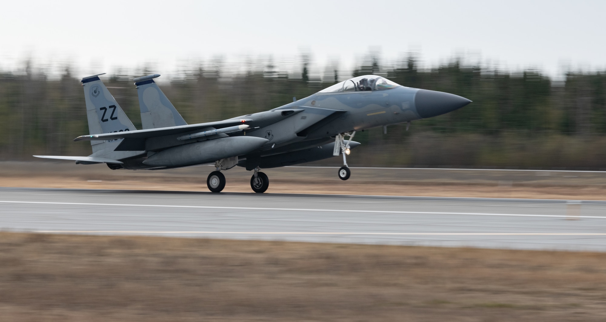 A U.S. Air Force F-15 Eagle assigned to the 44th Fighter Squadron from Kadena Air Base, Japan, lands in preparation for Northern Edge, May 8, 2019, at Eielson Air Force Base, Alaska, 2019.