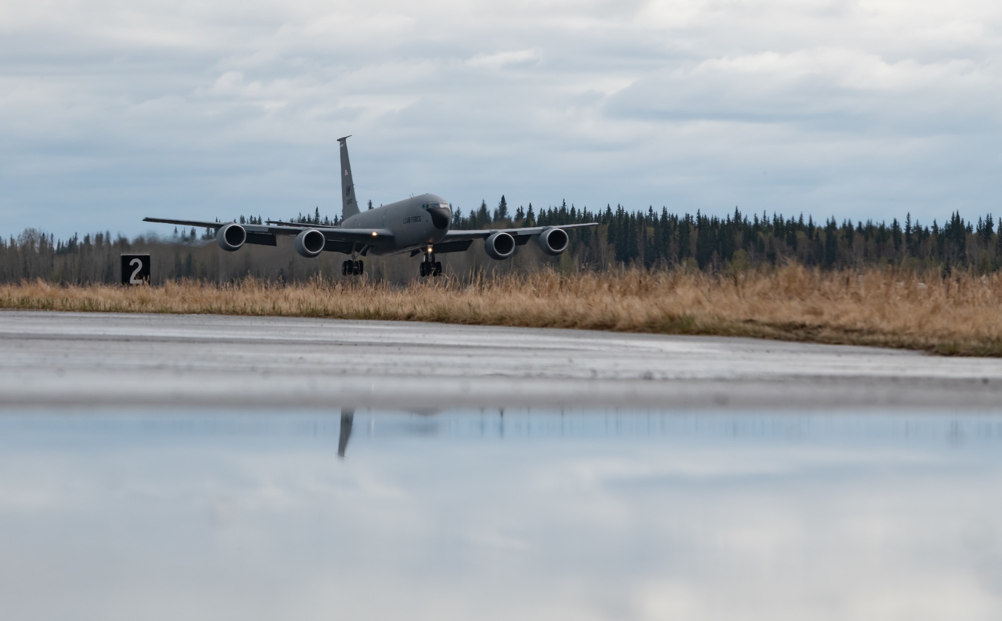 An Alaskan Air National Guard KC-135 Stratotanker assigned to the 168th Wing lands May 8, 2019, at Eielson Air Force Base, Alaska.