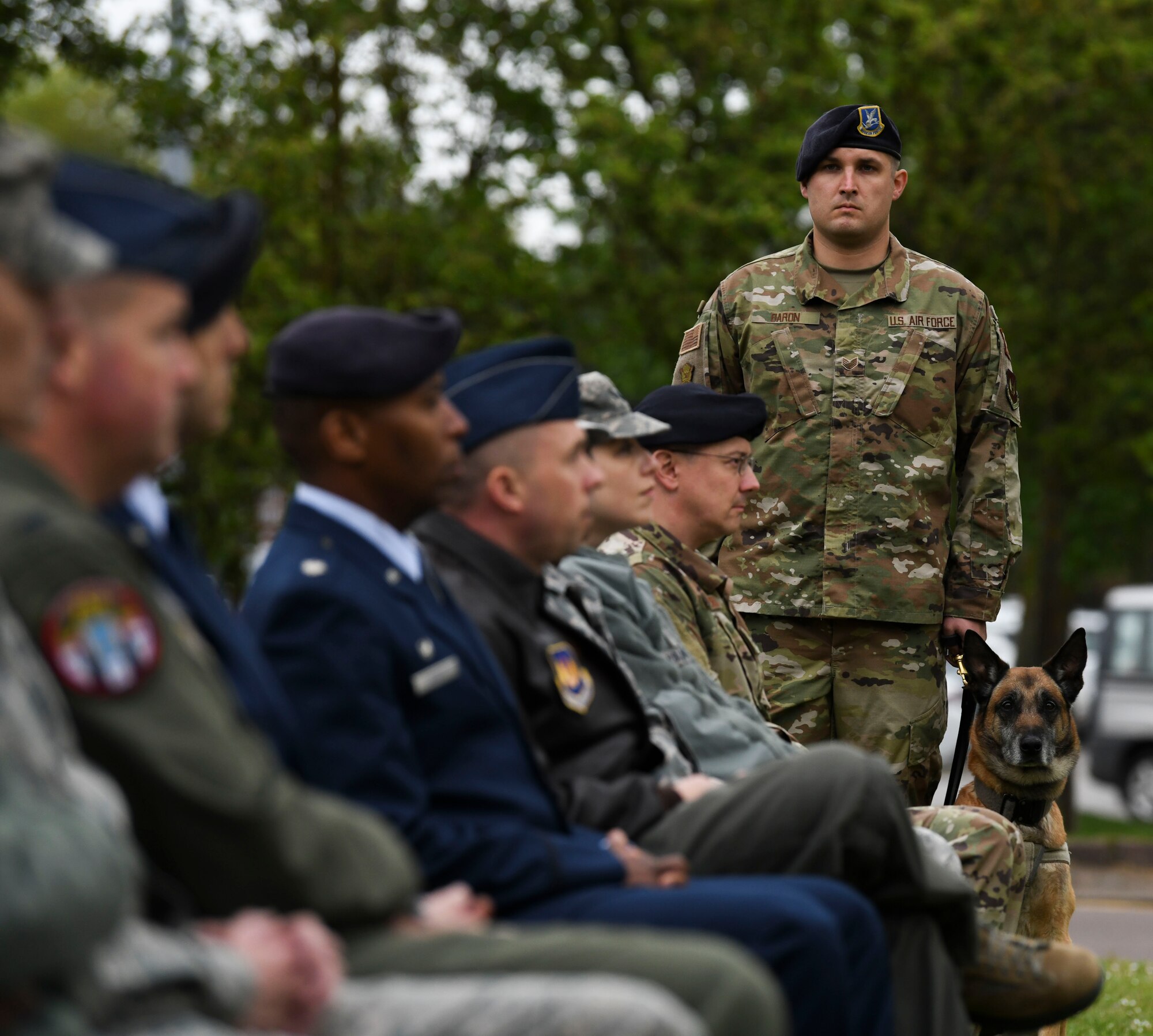 Members of the 100th and 48th Security Forces Squadrons have a moment of silence for the fallen police men and women during National Police Week at RAF Lakenheath, England, May 17, 2019. National Police Week was first established in 1962 under the direction of former President John F. Kennedy. Kennedy designated May 15 as Peace Officers Memorial Day and the week in which that date falls is known as “Police Week.” (U.S. Air Force photo by Senior Airman Alexandria Lee)