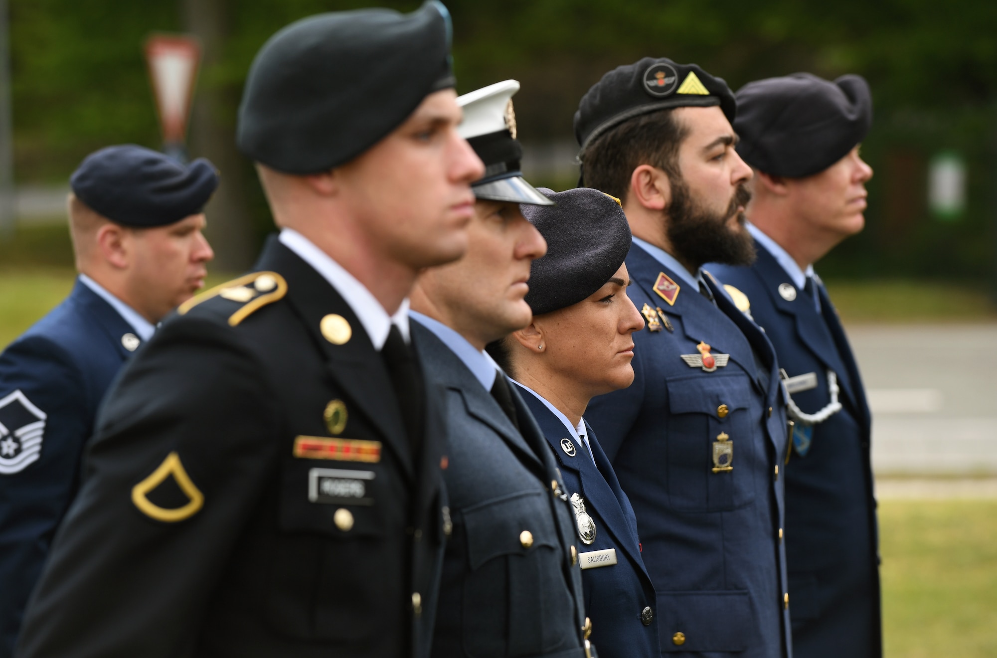 Kaiserslautern Military Community service members stand in formation during a retreat ceremony in honor of Police Week 2019 on Vogelweh Military Complex, Germany, May 17, 2019.