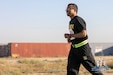 Staff Sgt. Zafar Iqbal, 184th Sustainment Command, runs in the Arifjan Marathon at Camp Arifjan, Kuwait, April 14, 2019. (Courtesy photo)