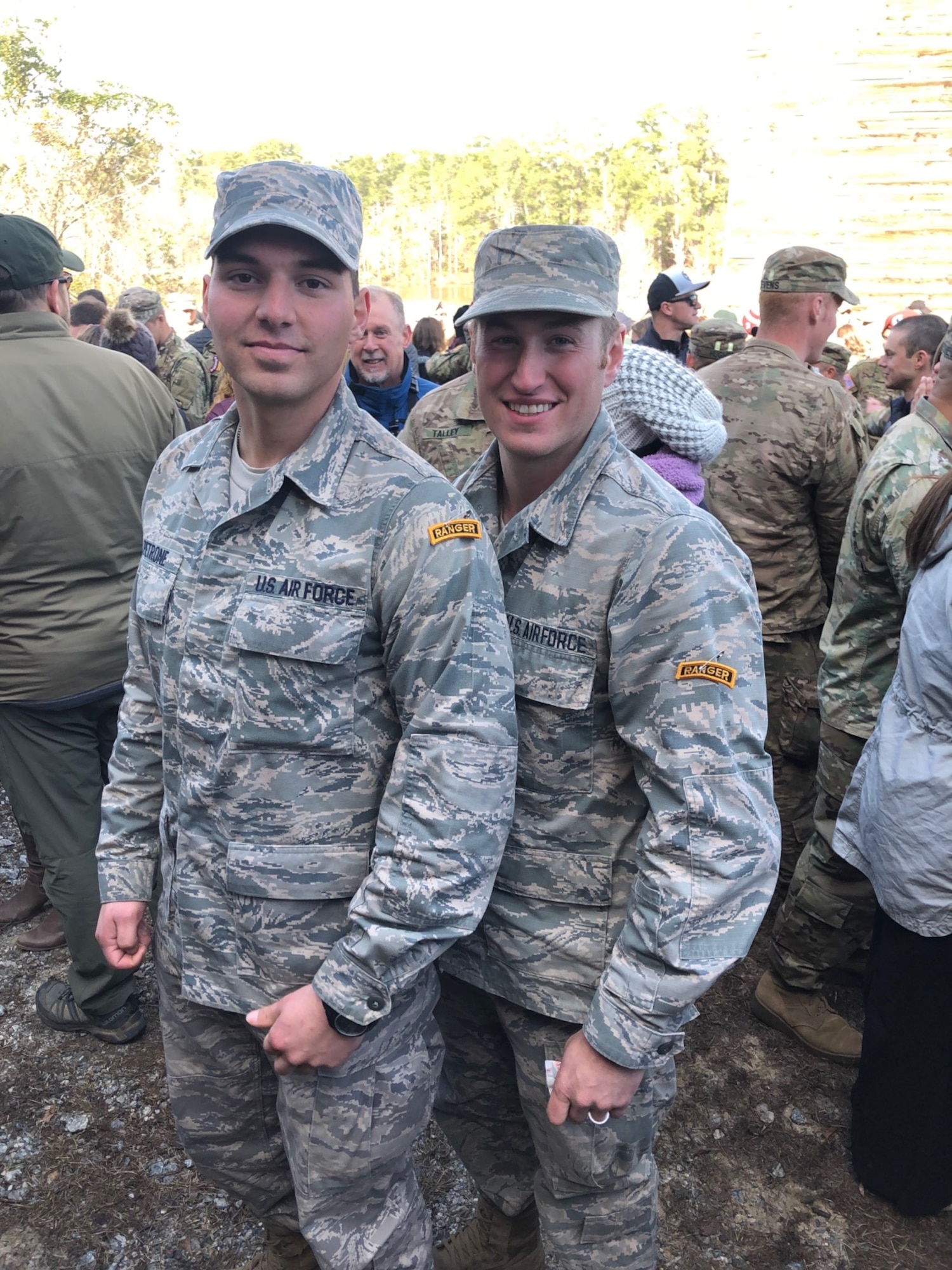 U.S. Air Force Staff Sgt. Joseph Petrone, 83rd Network Operations Squadron plans and programs manager, and Senior Airman Jordan Ryan, 633rd Security Forces Squadron unit scheduler, earn their Ranger Tab from the United States Army Ranger School at Fort Benning, Georgia, Jan. 25, 2019.