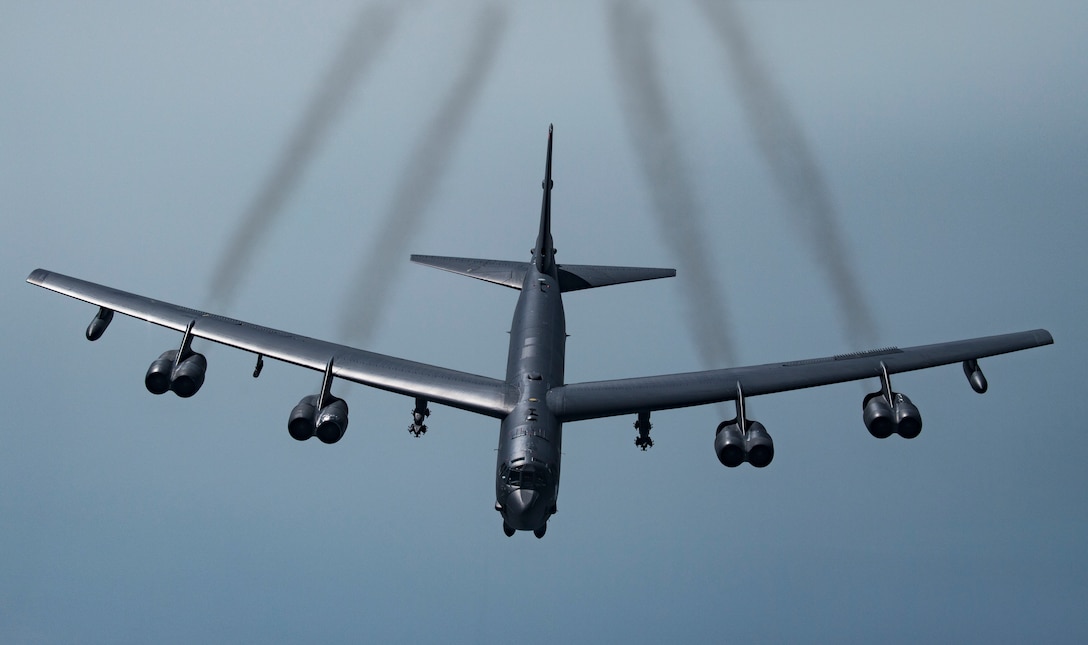 A U.S. B-52H Stratofortress, prepares to join up with Qatar Emiri Air Force Mirage 2000s and U.S. F-35A Lightning IIs to fly in formation over Southwest Asia, May 21, 2019. This flight was conducted to continue building military-to-military relationships with the QEAF. The B-52H is part of the Bomber Task Force deployed to the U.S. Central Command area of responsibility to defend American forces and interests in the region. (U.S. Air Force photo by Senior Airman Keifer Bowes)