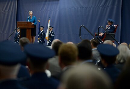 Secretary of the Air Force Heather Wilson speaks at her farewell ceremony at Joint Base Andrews, Maryland, May 21, 2019.
