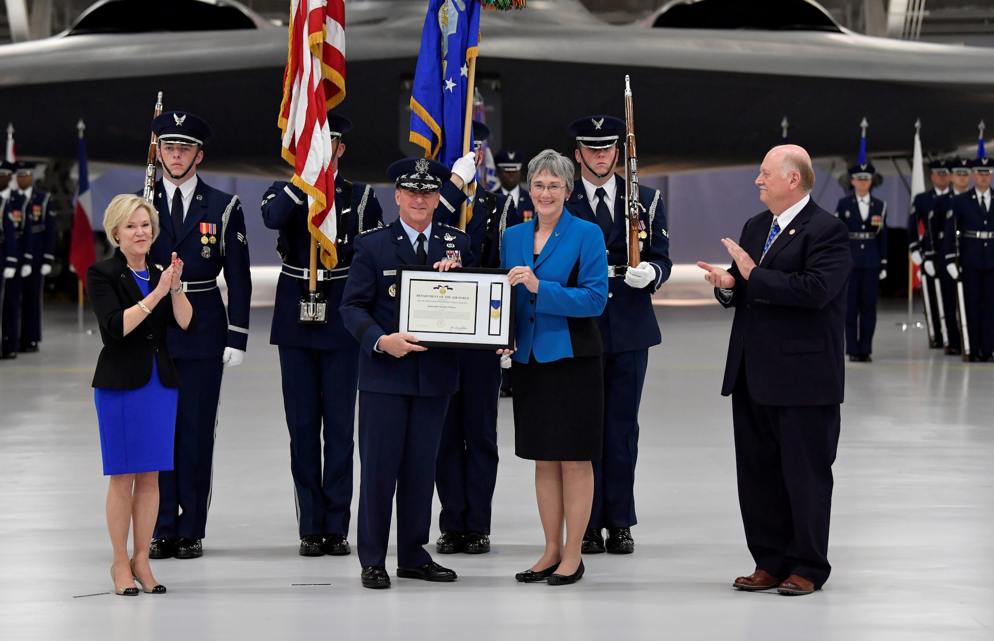 Secretary of the Air Force Heather Wilson receives the Exceptional Civilian Service Award during her farewell ceremony at Joint Base Andrews, Maryland, May 21, 2019.