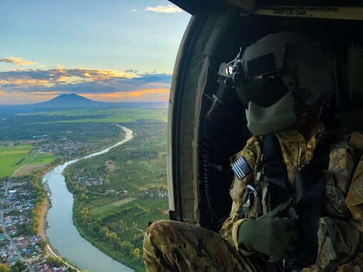U.S. Army UH-60 Black hawk flying near Mount Pinatubo, Fort Magsaysay, Philippines.