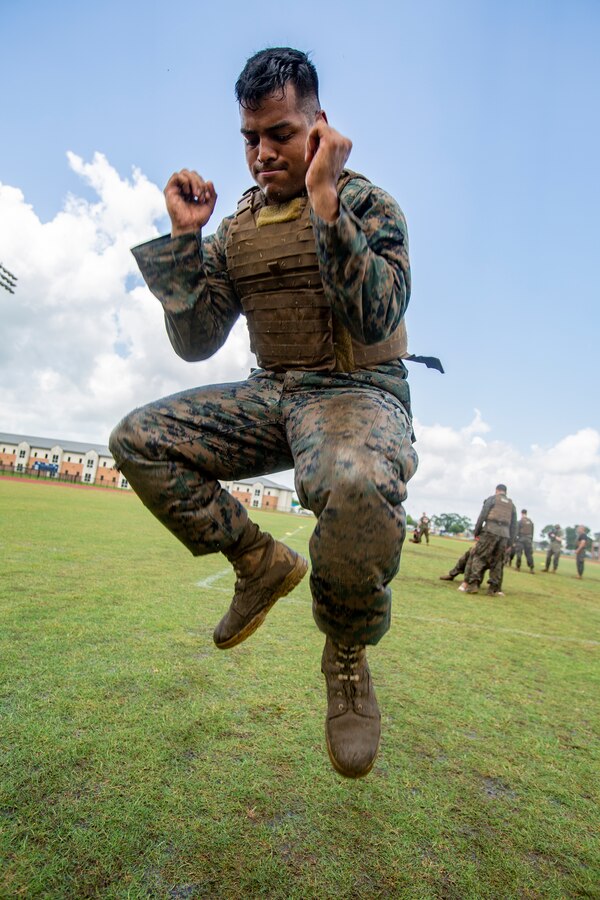 U.S. Marine Corps Cpl. Julio Vasquezch, an aviation technician with Marine Aircraft Group 49, 4th Marine Aircraft Wing, Marine Forces Reserve, participates in a combat conditioning exercise at Naval Air Station Joint Reserve Base New Orleans on May 20, 2019. To increase readiness and to support the total force, Reserve and active Marines with MARFORRES participate in the Martial Arts Instructor Course.  (U.S. Marine Corps photo by Lance Cpl. Jose Gonzalez)