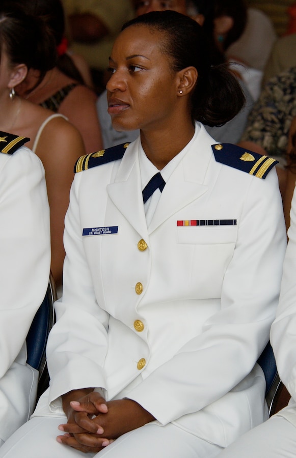 Lt.j.g. Jeanine McIntosh becomes the first African American Female in the Coast Guard to get her wings, June 24, 2005, at Naval Air Station Corpus Christi, Texas.
U.S. Coast Guard photograph by PA2 Andrew Kendrick