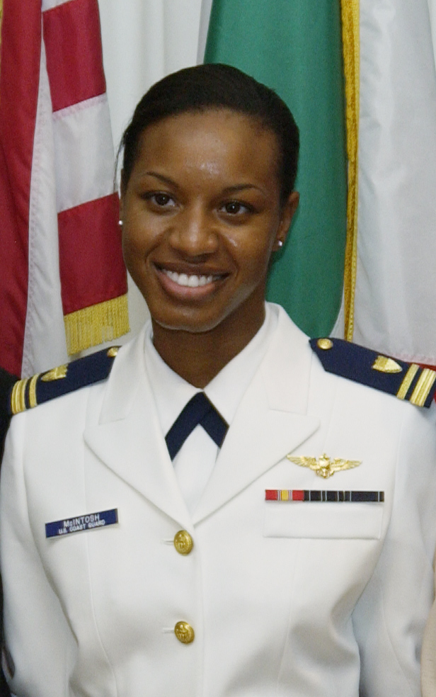 Lt.j.g. Jeanine McIntosh becomes the first African American Female in the Coast Guard to get her wings, June 24, 2005, at Naval Air Station Corpus Christi, Texas.
U.S. Coast Guard photograph by PA2 Andrew Kendrick