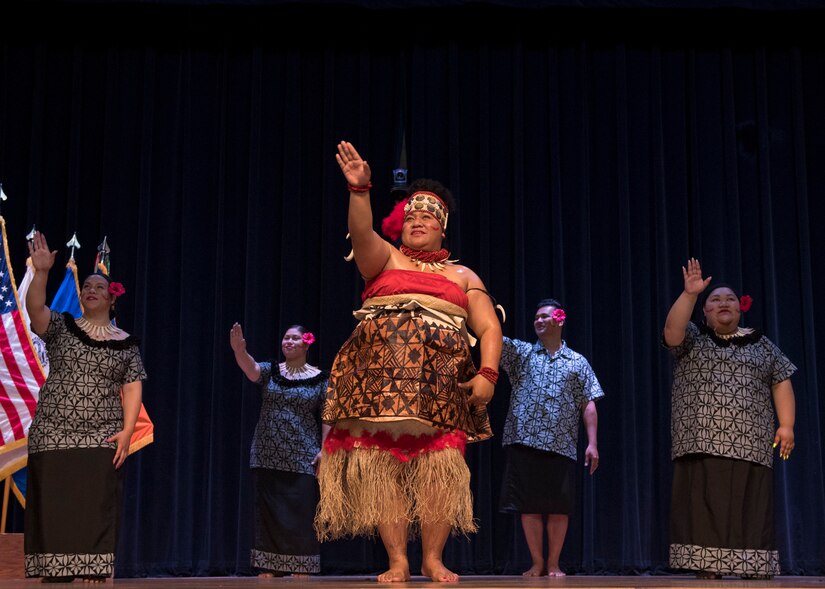 Members of the Le Tausa’afia dance group perform a traditional Samoan dance during a ceremony in honor of Asian American and Pacific Islander Heritage Month at Joint Base Langley-Eustis, Virginia, May 21, 2019.