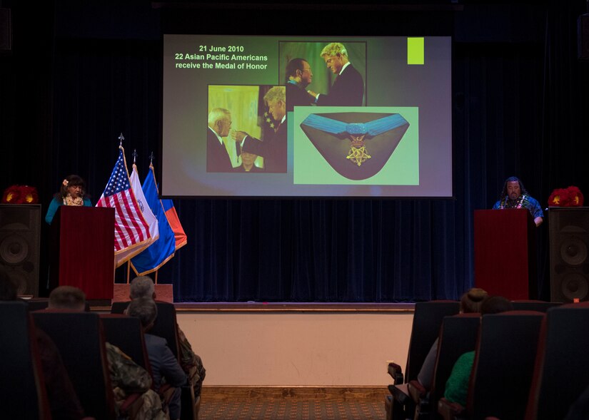 Guest speakers discuss military accomplishments during a ceremony in honor of Asian American and Pacific Islander Heritage Month at Joint Base Langley-Eustis, Virginia, May 21, 2019.