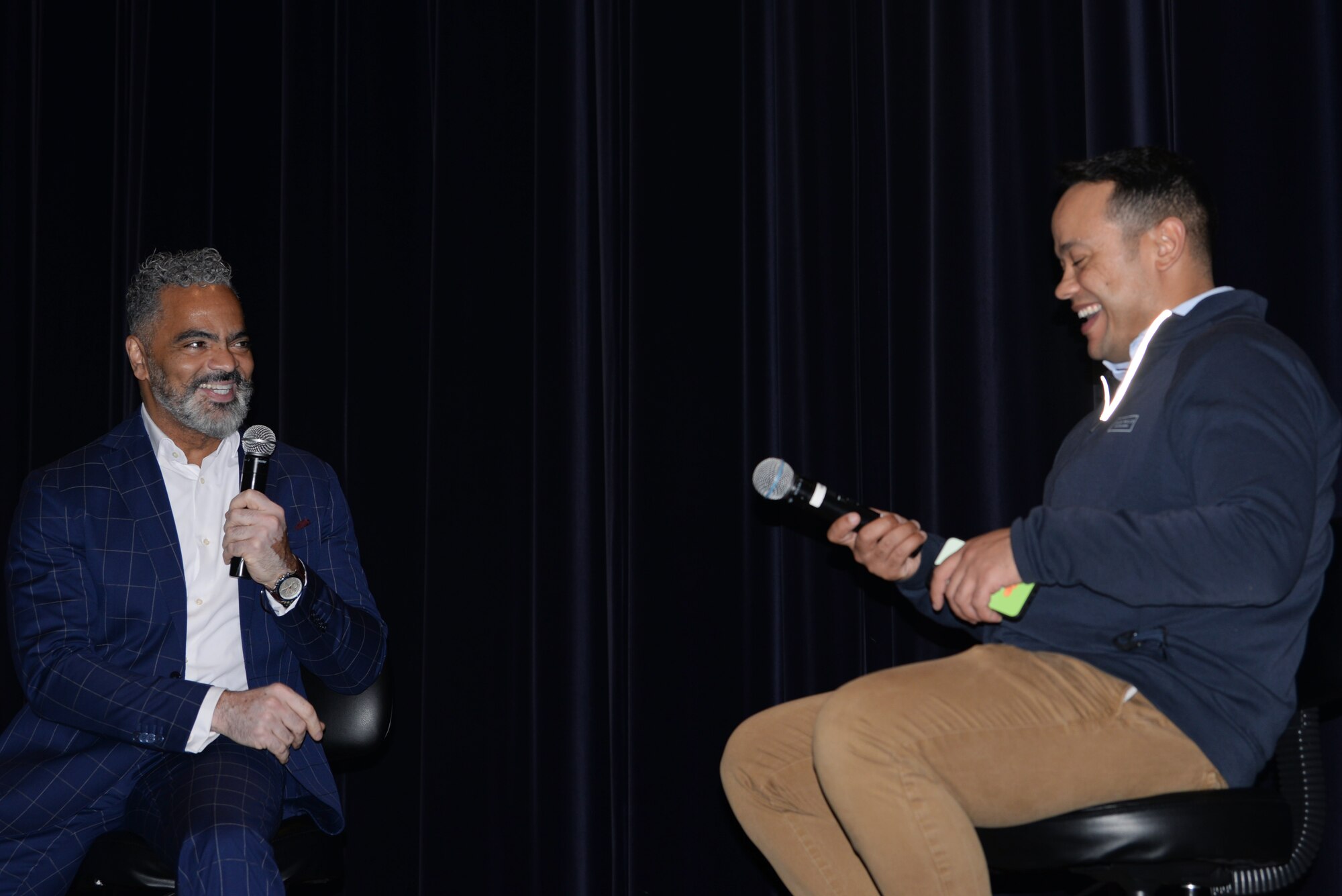 Staff Sgt. Trevor McClelland, an instructor from Airman Leadership School, and Anthony Warner, an Arms Control Compliance Officer from the 31st Fighter Wing, host a Men’s Positivity Conversations event, here May 21. The event discussed topics such as dating, living healthy lifestyles, and ideas to help bring positive influences into everyday life. (U.S. Air Force photo by Airman 1st Class Ericka A. Dechane).