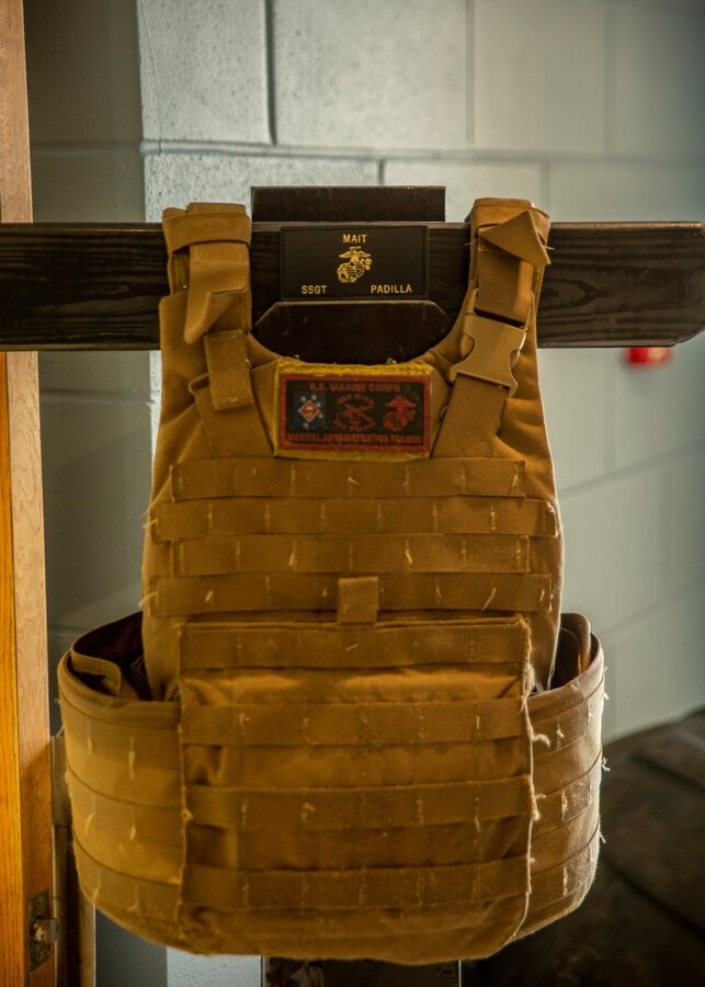 A flak jacket is displayed at Naval Air Station Joint Reserve Base New Orleans on May 20, 2019. To increase readiness and to support the total force, Reserve and active Marines with Marine Forces Reserve participate in the Martial Arts Instructor Course.  (U.S. Marine Corps photo by Lance Cpl. Jose Gonzalez)