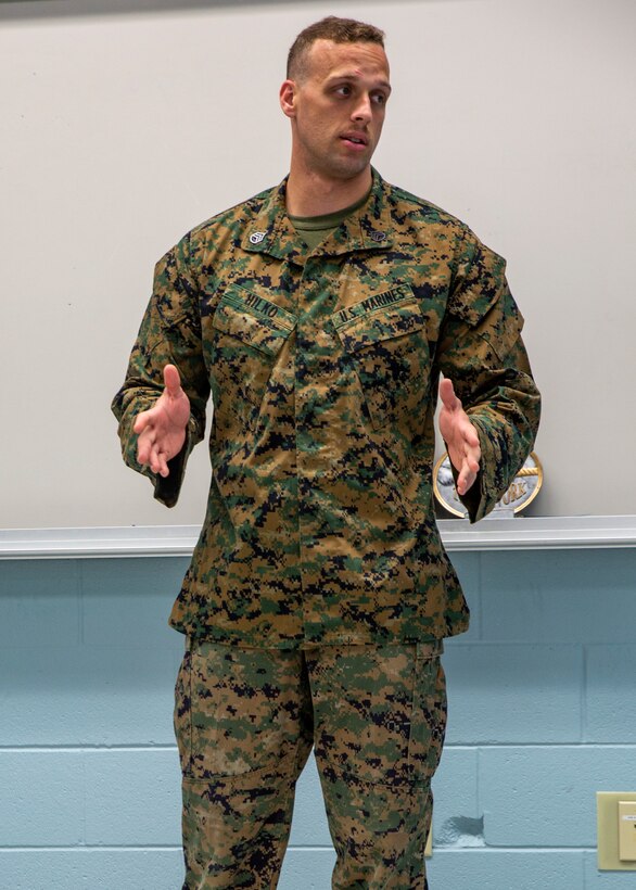 U.S. Marine Corps Staff Sgt. Zachary Hilko, an aviation supply chief with Marine Aircraft Group 49, 4th Marine Aircraft Wing, Marine Forces Reserve, gives a class during a Martial Arts Instructor Course at Naval Air Station Joint Reserve Base New Orleans on May 20, 2019. To increase readiness and to support the total force, Reserve and active Marines with MARFORRES participate in the Martial Arts Instructor Course.  (U.S. Marine Corps photo by Lance Cpl. Jose Gonzalez)