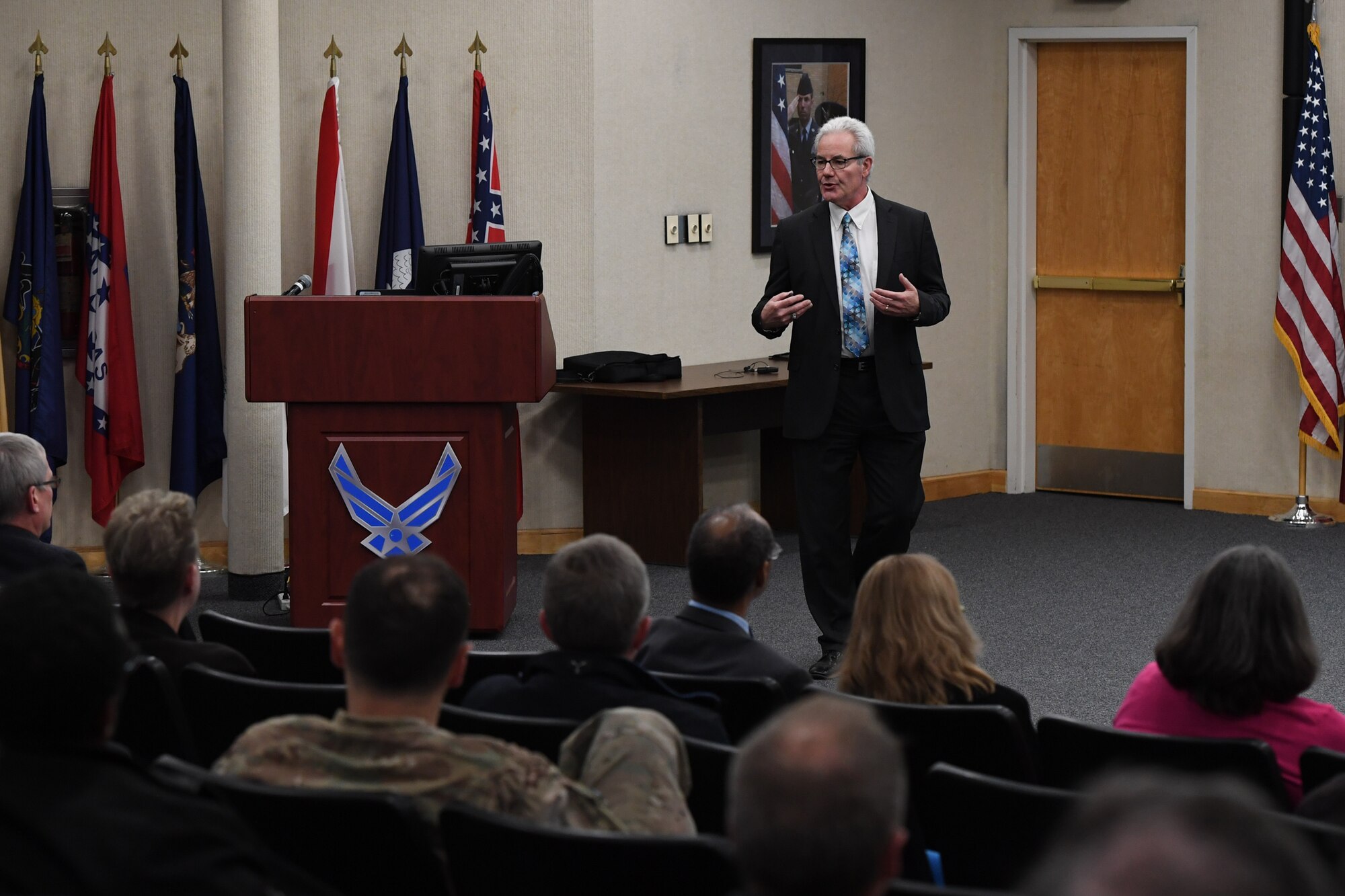 Chris Leak, Air Force Life Cycle Management Center senior functional for program managers and director of acquisition excellence and program execution, speaks to approximately 30 Hanscom employees impacted by his office’s training, policies and guidance May 16, 2019, at the Hanscom Conference Center, Hanscom Air Force Base, Mass. (U.S. Air Force photo by Mark Herlihy)