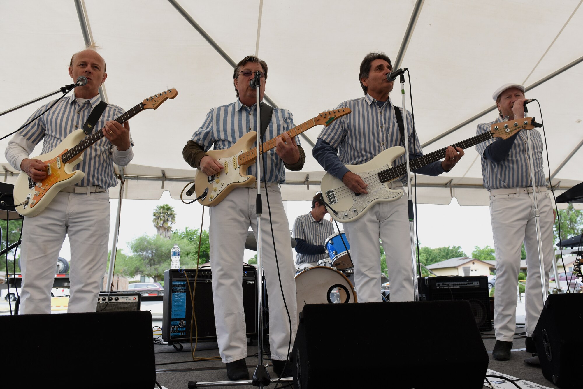 "Surfin’", The Beach Boys Tribute band, perform during the California Dreaming Spring Block Party May 18, 2019, at Travis Air Force Base, California. The 60th Air Mobility Wing chaplain’s office hosts quarterly block parties to promote goodwill and camaraderie among Travis Airmen and their families. (U.S. Air Force photo by Airman 1st Class Cameron Otte)