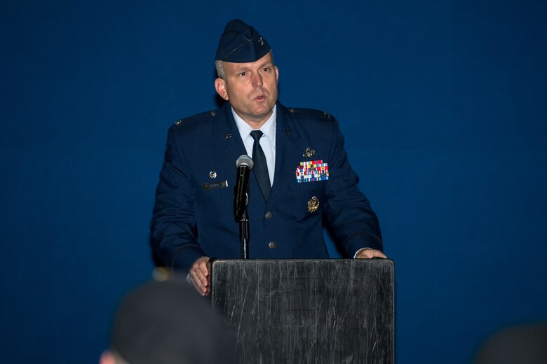 U.S. Air Force Col. Sean Tyler, 633rd Air Base Wing commander, speaks during the Police Week opening ceremony at Joint Base Langley-Eustis, Virginia, May 13, 2019. Police Week’s purpose is to honor defenders, agents, masters at arms, military police, and civilian police officers who made the ultimate sacrifice or have become disabled in the performance of their duties. (U.S. Air Force photo by Senior Airman Anthony Nin Leclerec)