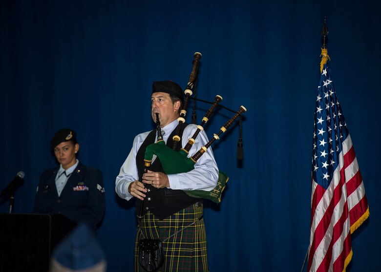 Jim Roberts plays the bag pipes during the Police Week opening ceremony at Joint Base Langley-Eustis, Virginia, May 13, 2019. JBLE celebrated the week with various events including a softball tournament, a golf tournament and a 5K run/walk/ruck. (U.S. Air Force photo by Senior Airman Anthony Nin Leclerec)
