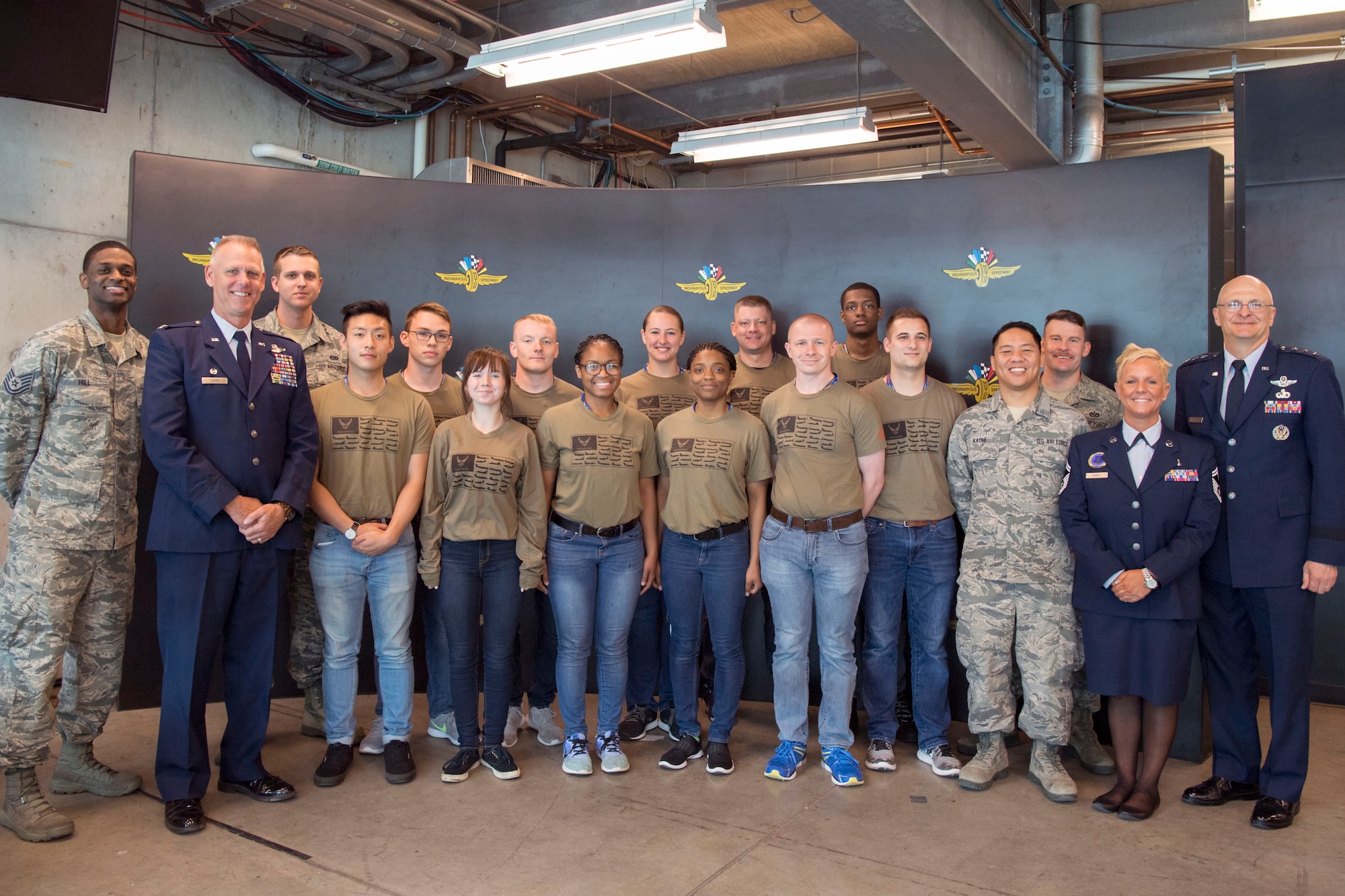 Trainees and leadership from the 434th Air Refueling Wing at Grissom Air Reserve Base, Indiana pose for a photo following a mass enlistment ceremony at the Indianapolis Motor Speedway May 19, 2019. The ceremony included recruits from all branches of services throughout the state of Indiana. (U.S. Air Force photo/Master Sgt. Ben Mota)
