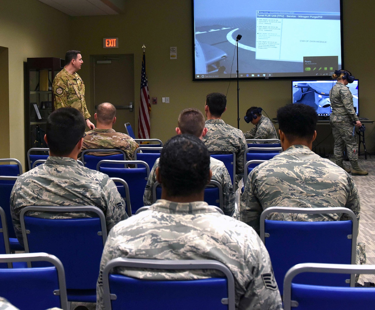 Master Sgt. Justin Nissen, 344th Training Squadron instructor from Joint Base San Antonio-Lackland, briefs during a virtual reality demonstration May 2, 2019, at Little Rock Air Force Base, Arkansas. Nissen and other 344th TRS members visited Little Rock Air Force Base to showcase the Integrated Technology Platform, an initiative to train Airmen using virtual reality.