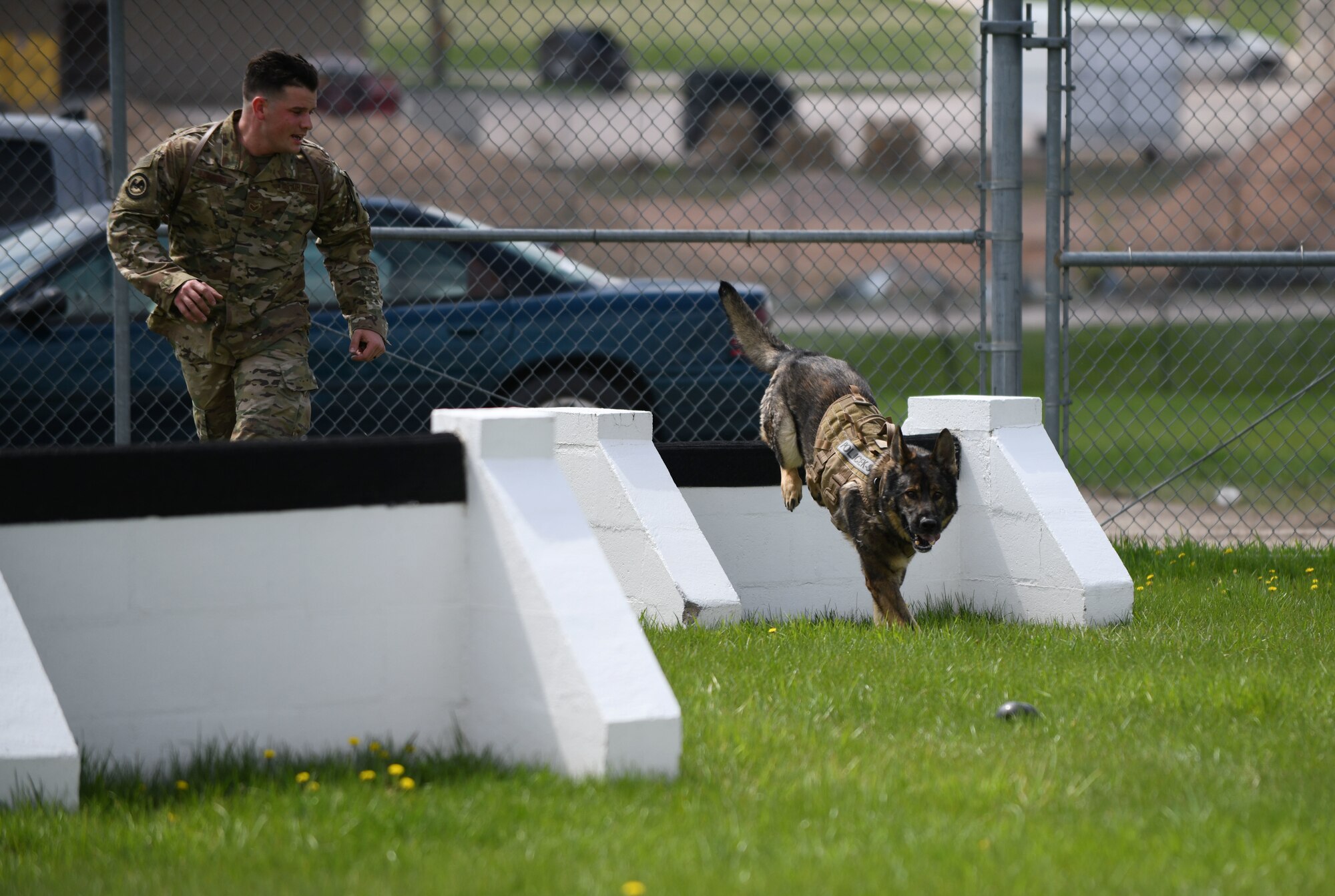 Senior Airman Chase Loggins, a 28th Security Forces Squadron military working dog handler, guides MWD Boris through the obstacle course at the 28th SFS K-9 Facility on Ellsworth Air Force Base, S.D., May 16, 2019. The K-9 obstacle course was designed to prepare MWDs and their handlers for challenges they may encounter in the field. (U.S. Air Force photo by Airman 1st Class Christina Bennett)