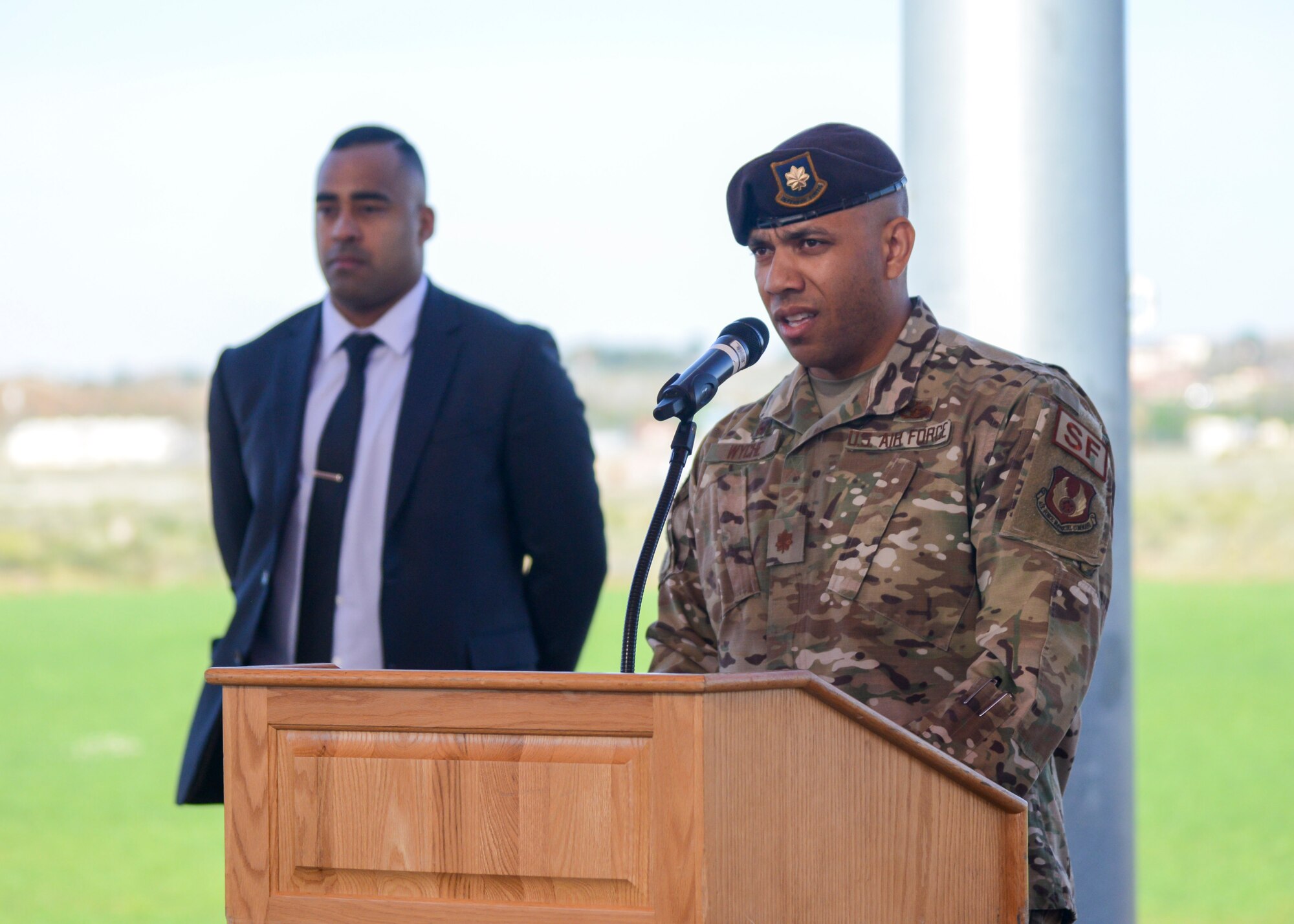 Maj. Gilbert Wyche, 412th Security Forces Squadron Commander, gives a speech to kick off Police Week, May 13, at Edwards Air Force Base, California. Police Week is observed May 13-17. (U.S. Air Force photo by Giancarlo Casem)