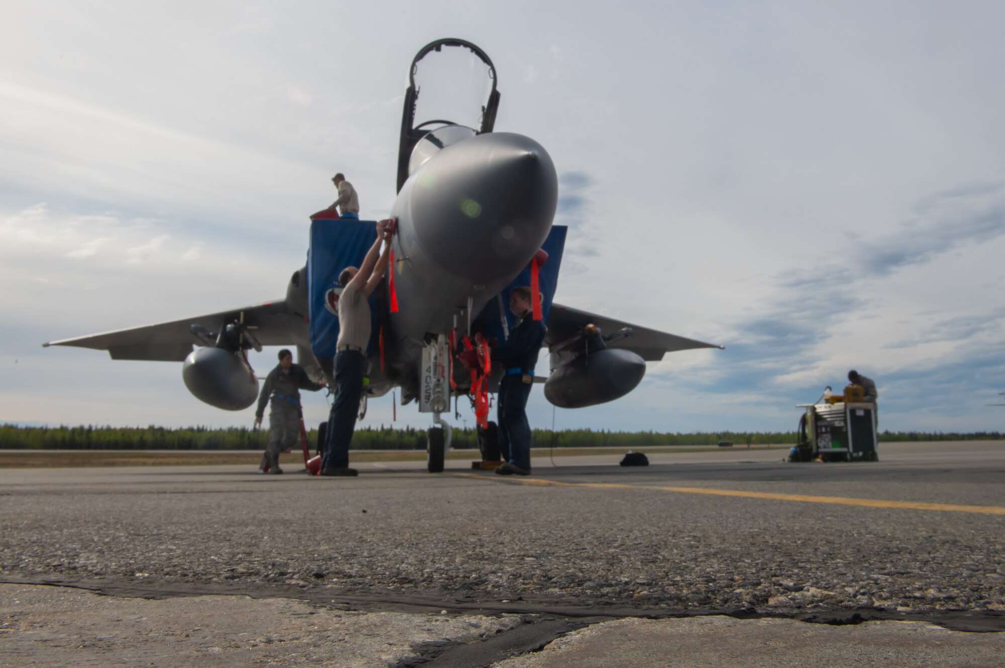 U.S. Air Force Airmen from the 44th Aircraft Maintenance Squadron conduct a post flight check on an F-15C Eagle assigned to the 44th Fighter Squadron from Kadena Air Base, Japan, during exercise Northern Edge (NE19), May 14, 2019, at Eielson Air Force Base, Alaska.